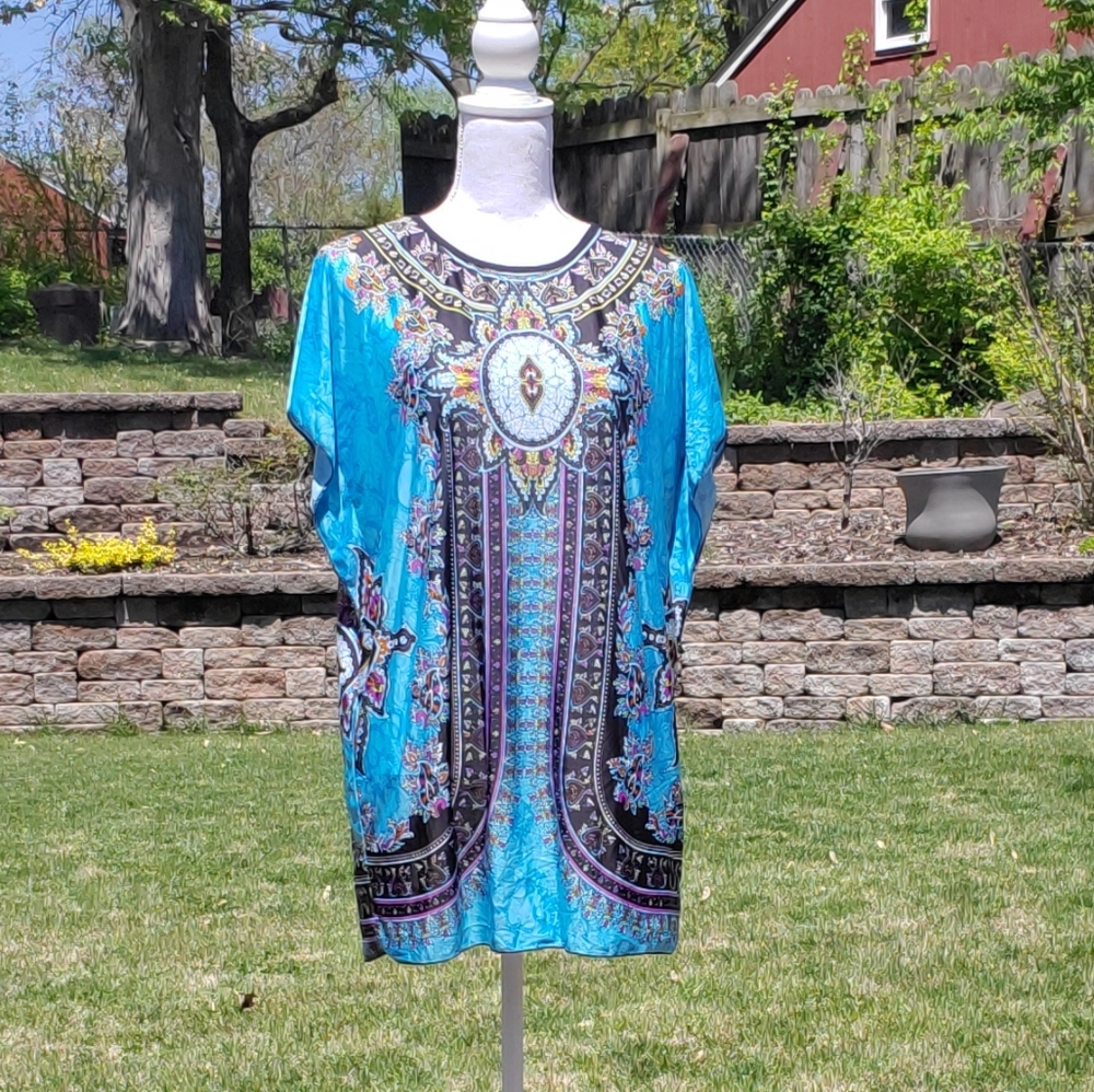 Blue purple yellow orange black tunic blouse